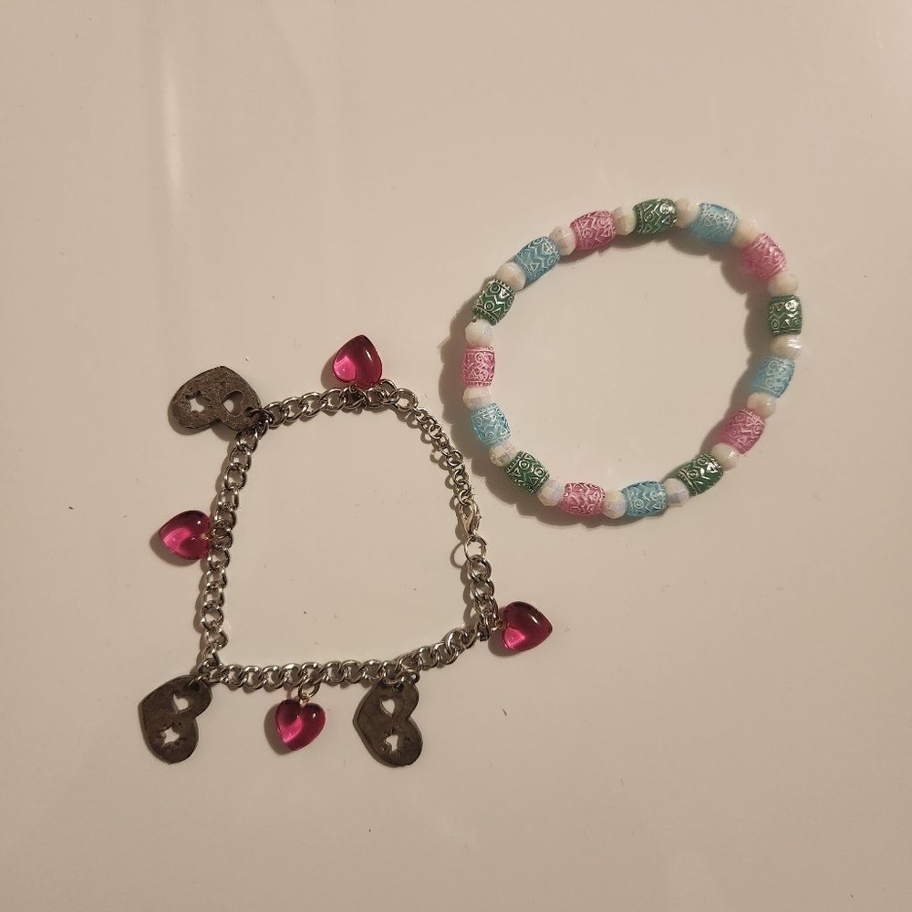 Pink Blue and Silver Beaded and Charm Bracelet Set
